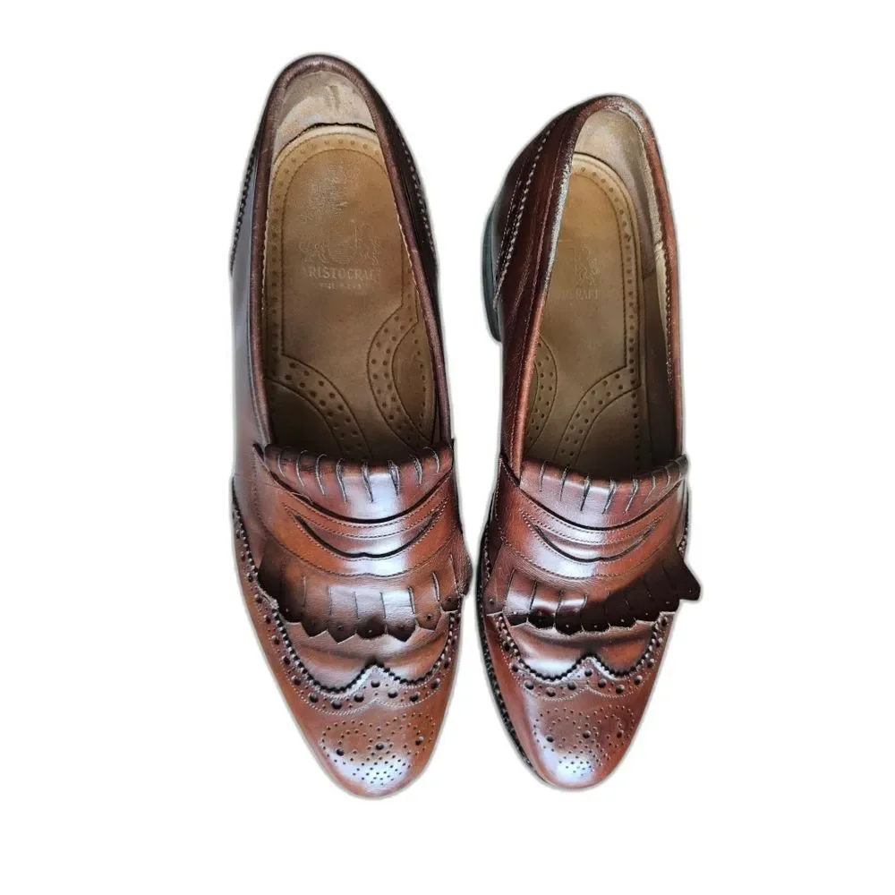 Johnston & Murphy Aristocrat Tassel Loafers 10 Brown Leather Wingtip Brogue USA